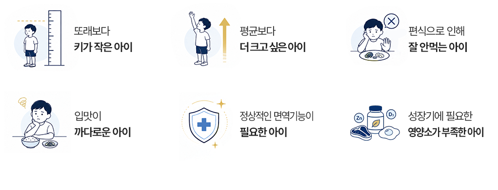 키가 작은 아이, 더 크고 싶은 아이, 잘 안먹는 아이, 까다로운 아이, 면역기능이 필요한 아이, 영양소가 부족한 아이